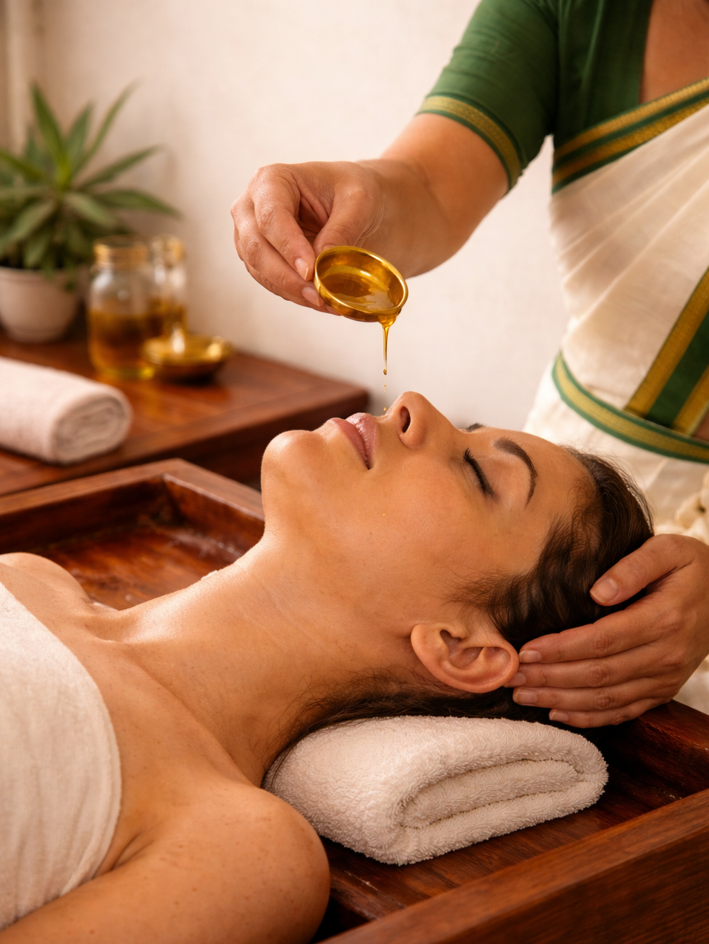 Nasya therapy - herbal oil nasal therapy for head, sinus and upper respiratory detoxification.