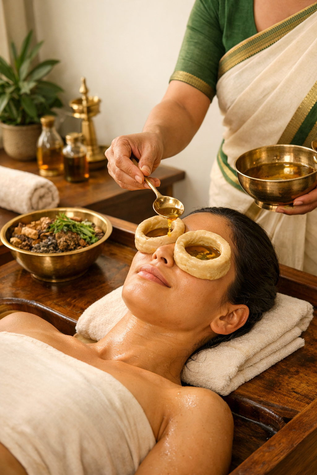 Netra Tarpana - Medicated ghee bath for tired, strained eyes. The premier therapy for digital eye strain relief.