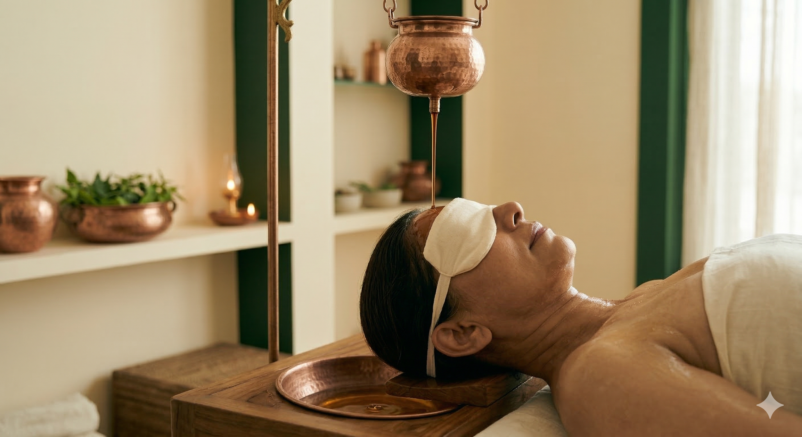 Shirodhara therapy - warm medicated oil poured on forehead for mental relaxation